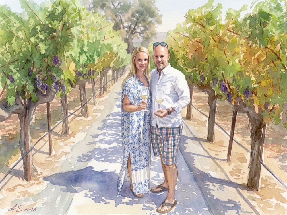 Watercolor of the husband-and-wife team behind PocSomm, in a vineyard with glasses of white wine