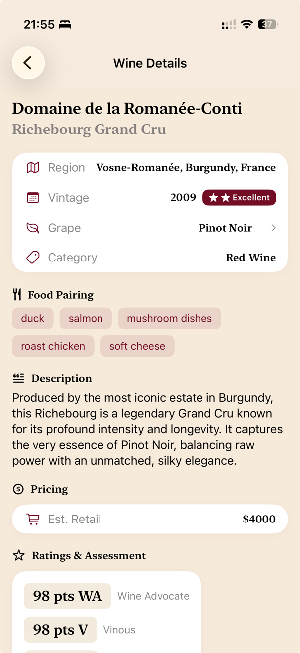 Instant wine profile with ratings and food pairings