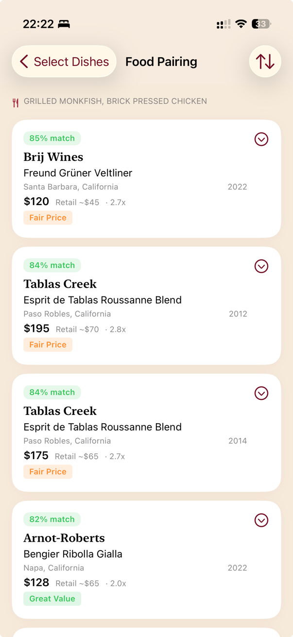 Ranked wine matches with percentages