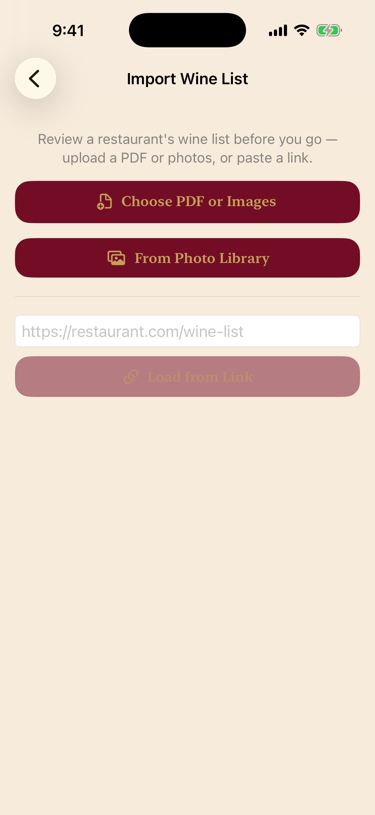 PocSomm import wine list screen: PDF, photos, or link