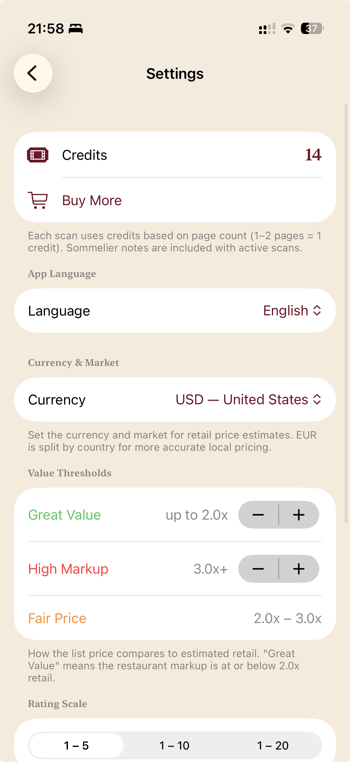 PocSomm settings: language, currency and market, value thresholds
