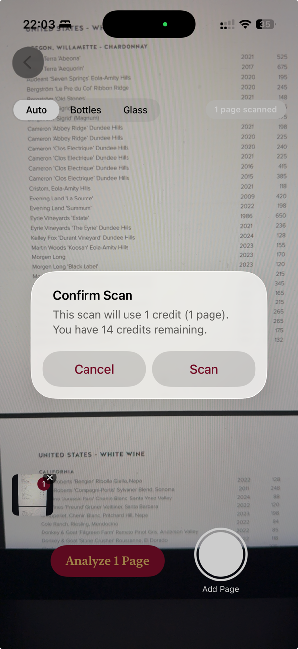 Confirm scan and credit cost