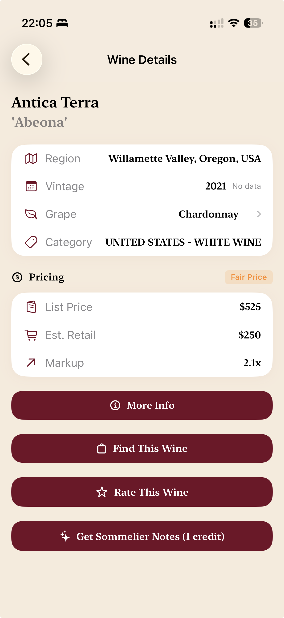 Full wine details with pricing and sommelier notes