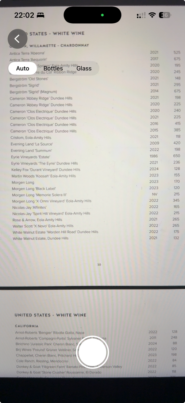 Photographing a restaurant wine list