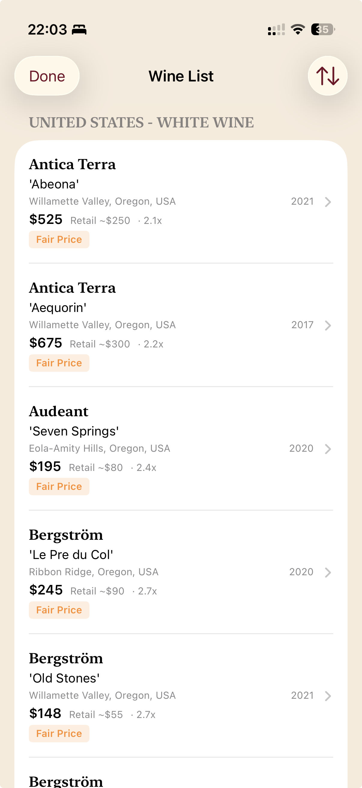 Wine list results with prices and value labels